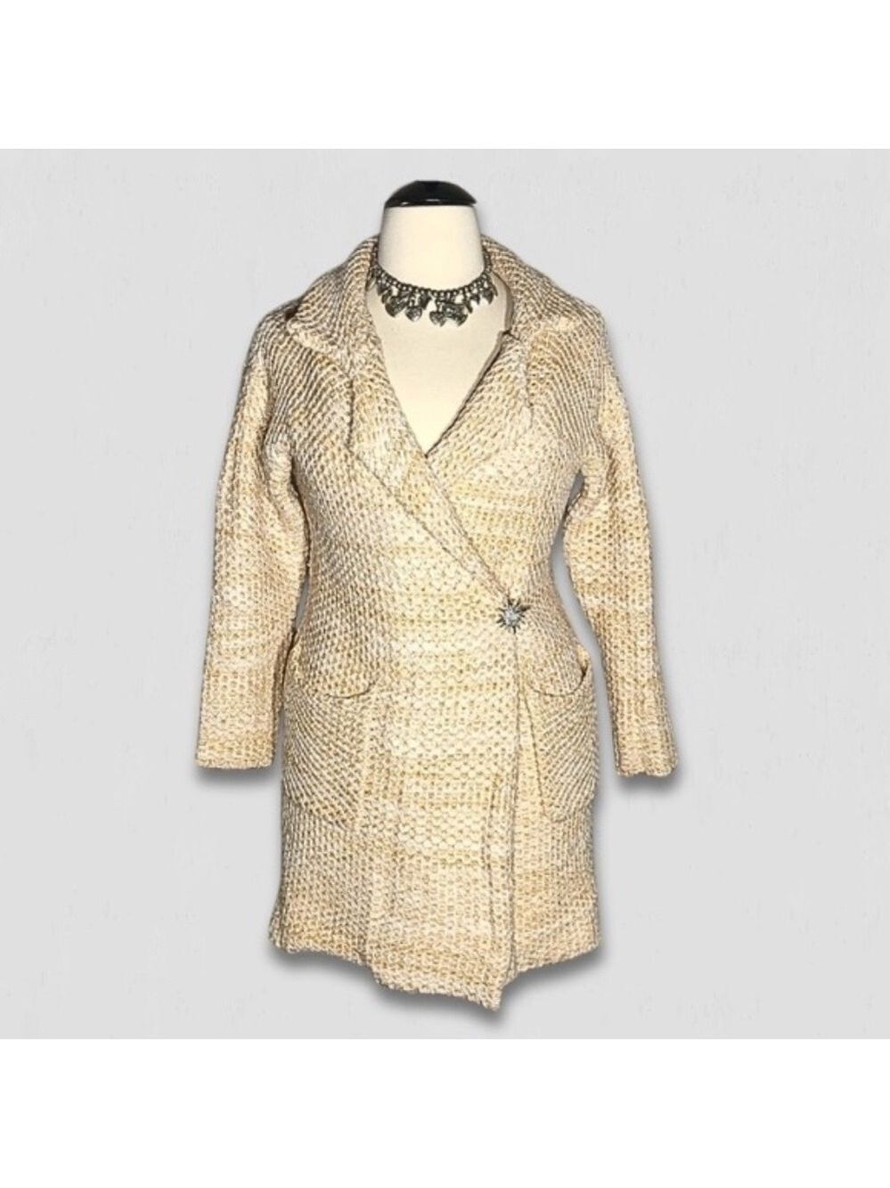 Vintage Y2K Forever 21 Long Coat Cable Knit Deep Pockets Cream/Yellow sz S